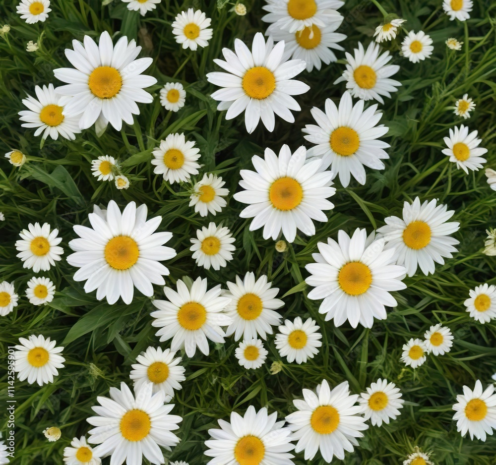 Top view of white camomile flowers mixed with green grass, surface level, art copy, design element, sunny weather, country landscape