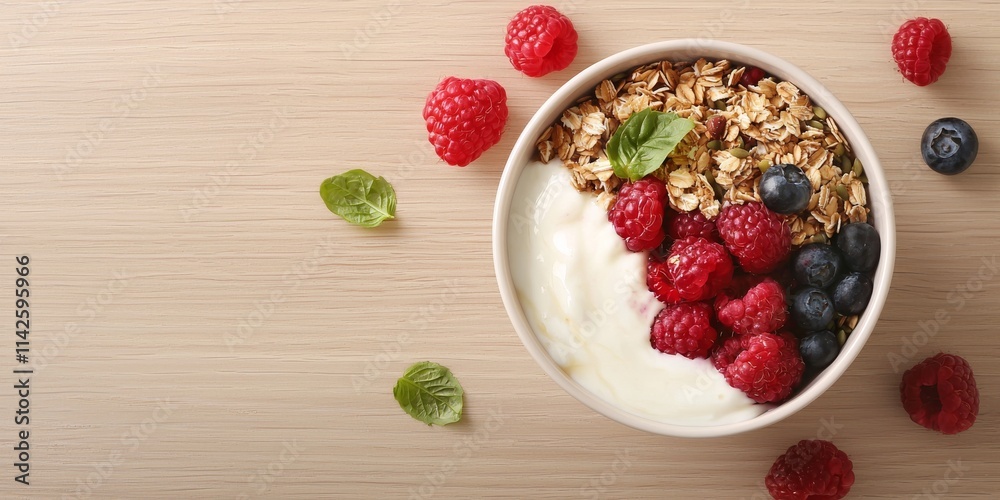A bowl of yogurt topped with granola, raspberries, and blueberries, surrounded by fresh berries and mint leaves on a wooden surface. A bowl of yogurt topped with granola, raspberries, and blueberries, surrounded by fresh berries and mint leaves on a wooden surface.