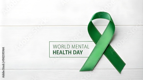 Green ribbon on white background for world mental health day awareness photo