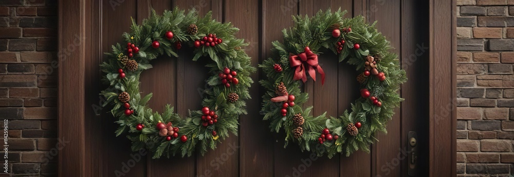 Traditional Christmas wreath hung on a wooden door, fragrant, winter Traditional Christmas wreath hung on a wooden door, fragrant, winter