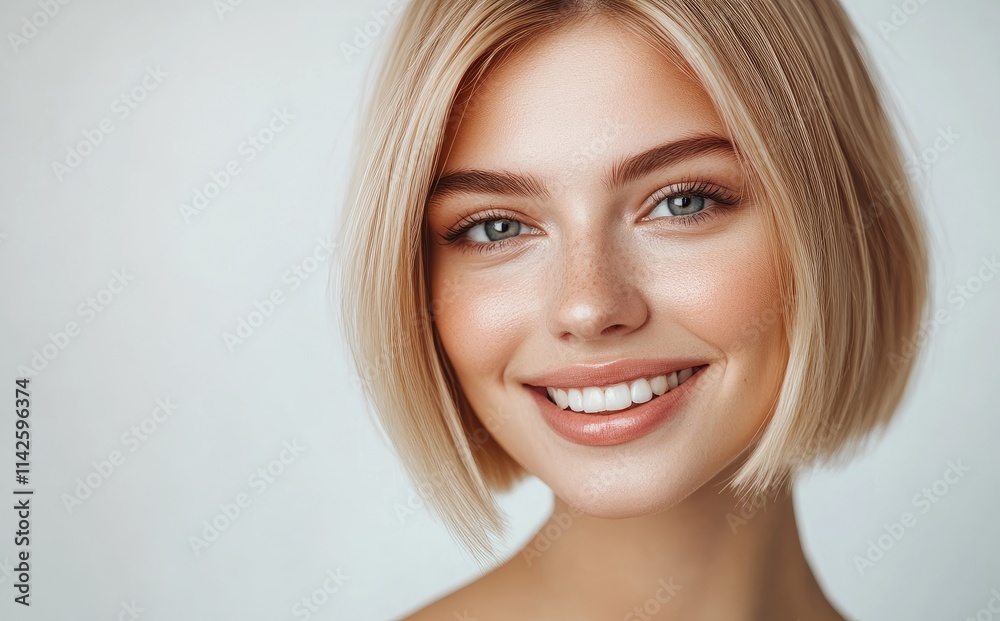 Beautiful blonde woman with a short bob hairstyle smiling on a white background