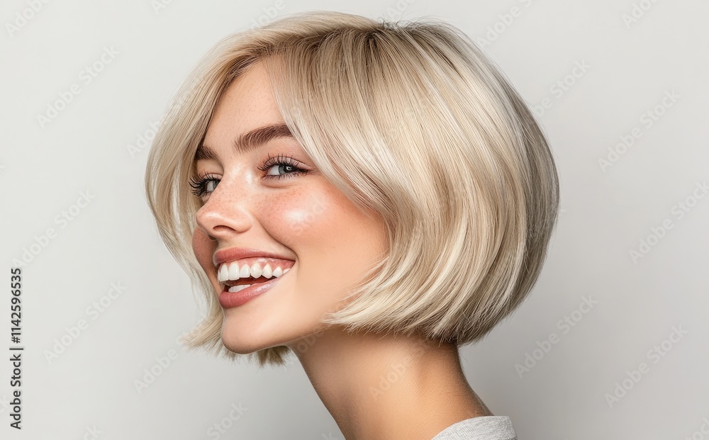Portrait of a beautiful blonde woman with a short bob haircut, smiling against a white background