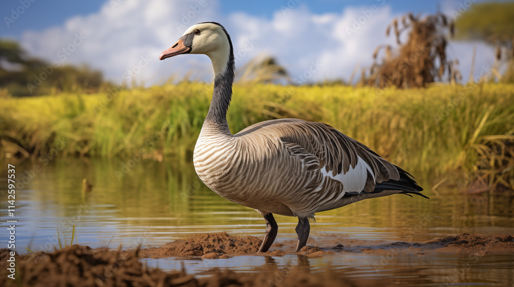 country goose on the beach near the lush green land with sunny background country goose on the beach near the lush green land with sunny background