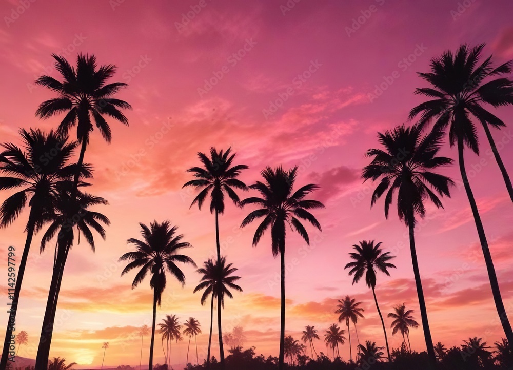 Vibrant orange and pink sky with silhouetted palm trees, silhouettes, sky, palm trees Vibrant orange and pink sky with silhouetted palm trees, silhouettes, sky, palm trees