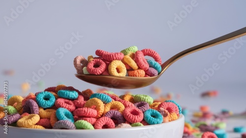 Colorful cereal flakes being poured into another container photo