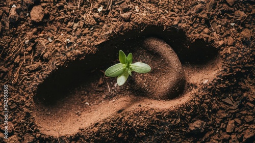 Small plant sprouting from human footprint in the soil
