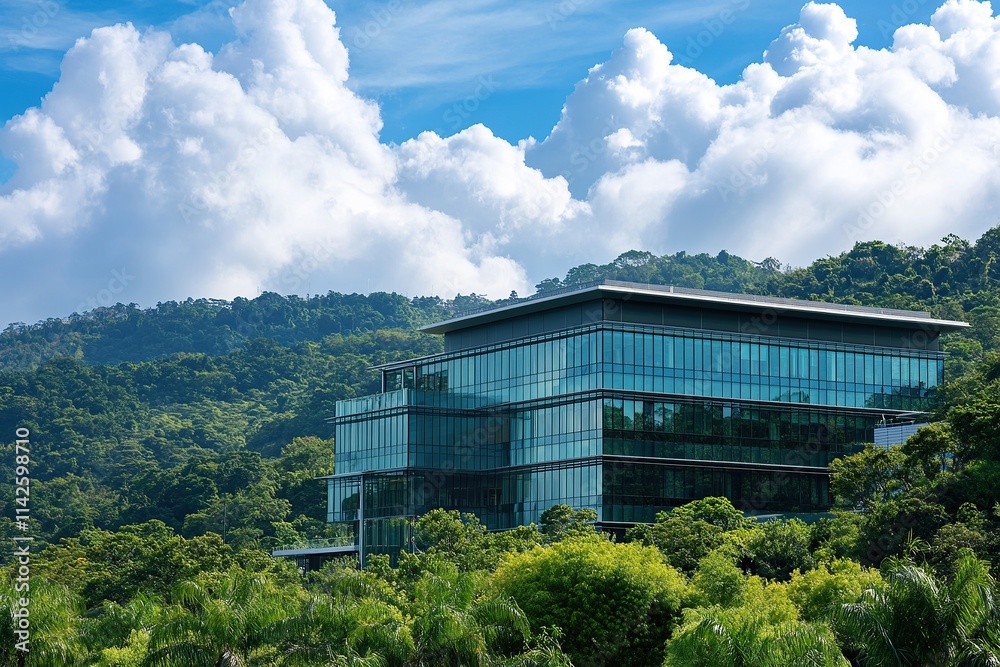 A modern building overlooking the hills of Kentia Forest, in the color of a blue sky with clouds A modern building overlooking the hills of Kentia Forest, in the color of a blue sky with clouds