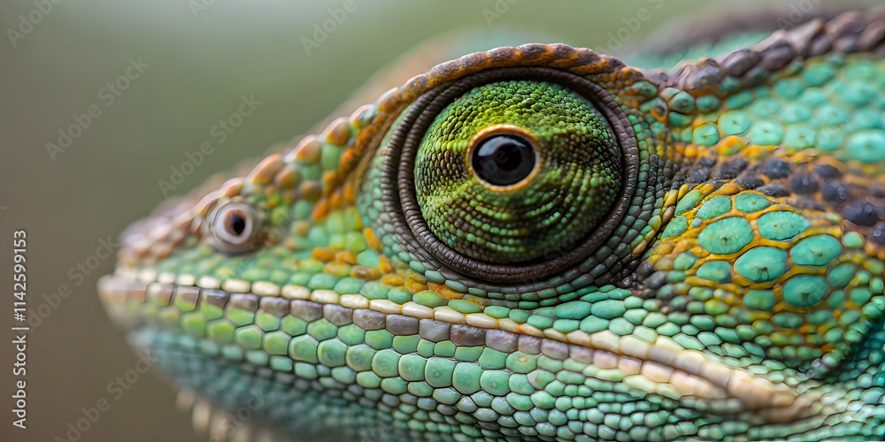 Obraz premium Isolated Macro View of Chameleon Eye and Vibrant Scales