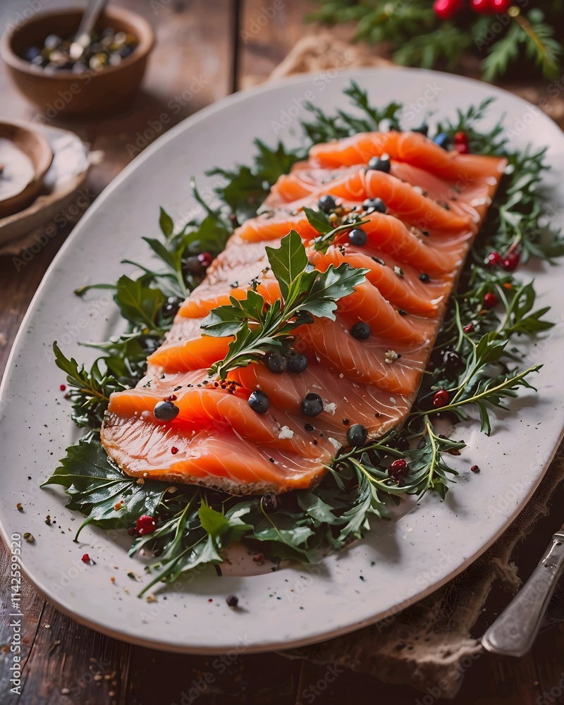 Smoked Salmon Carpaccio with Arugula: Thinly sliced smoked salmon carpaccio with capers and arugula, served on a white plate with Christmas accents. Smoked Salmon Carpaccio with Arugula: Thinly sliced smoked salmon carpaccio with capers and arugula, served on a white plate with Christmas accents.