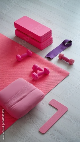 Yoga mat with pink and purple props, including blocks and cushions photo