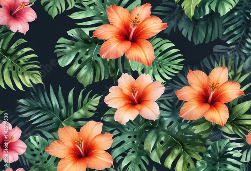 Watercolor artwork featuring exquisite tropical flowers and leaves, leaves, vibrant, exotic