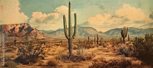  A vintage-inspired desert landscape with cacti and mountains, evoking the spirit of old photography and western adventure, copy space for text