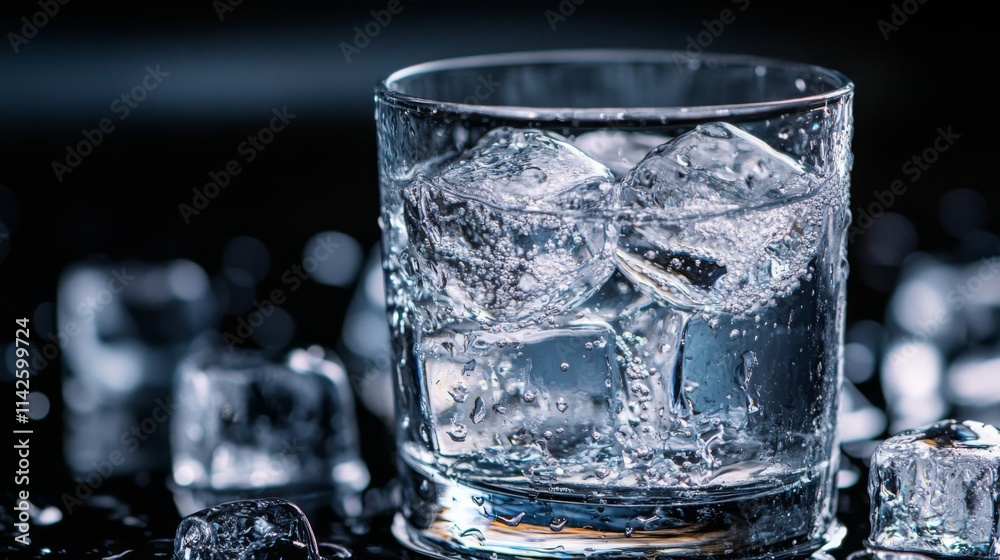 Refreshing Glass of Water with Ice Cubes on Dark Surface Refreshing Glass of Water with Ice Cubes on Dark Surface