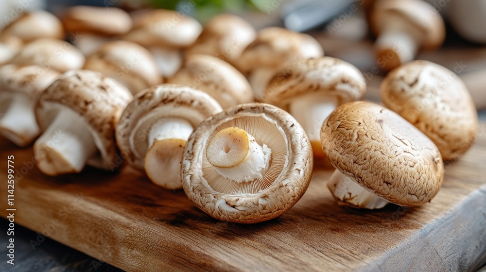 Fresh Brown Mushrooms Arranged on Wooden Cutting Board Background Fresh Brown Mushrooms Arranged on Wooden Cutting Board Background