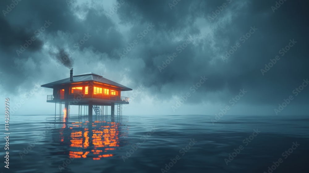Dusk view of a bright offshore oil platform surrounded by industrial flames and generative art Dusk view of a bright offshore oil platform surrounded by industrial flames and generative art