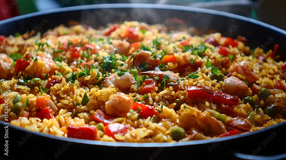 Vibrant Traditional Spanish Paella Dish with Saffron Infused Rice and Assorted Ingredients Vibrant Traditional Spanish Paella Dish with Saffron Infused Rice and Assorted Ingredients