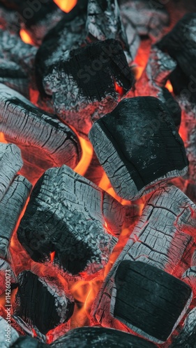 Burning charcoal in barbecue pit with red embers glowing photo