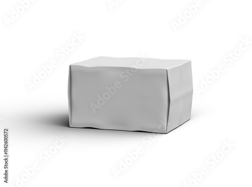 Rendered image of a small white rectangular dented box on a light background