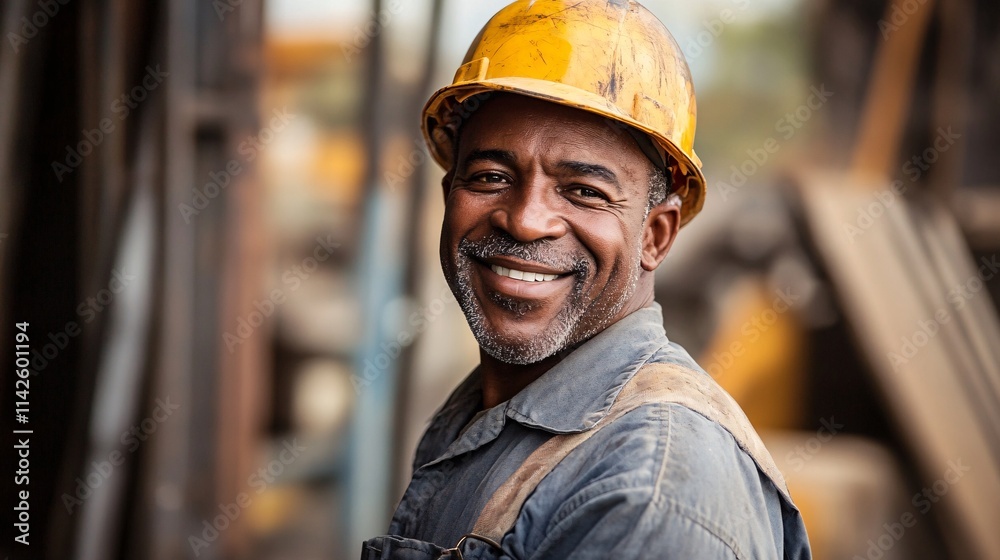 Man in a yellow helmet and a blue shirt is smiling Man in a yellow helmet and a blue shirt is smiling