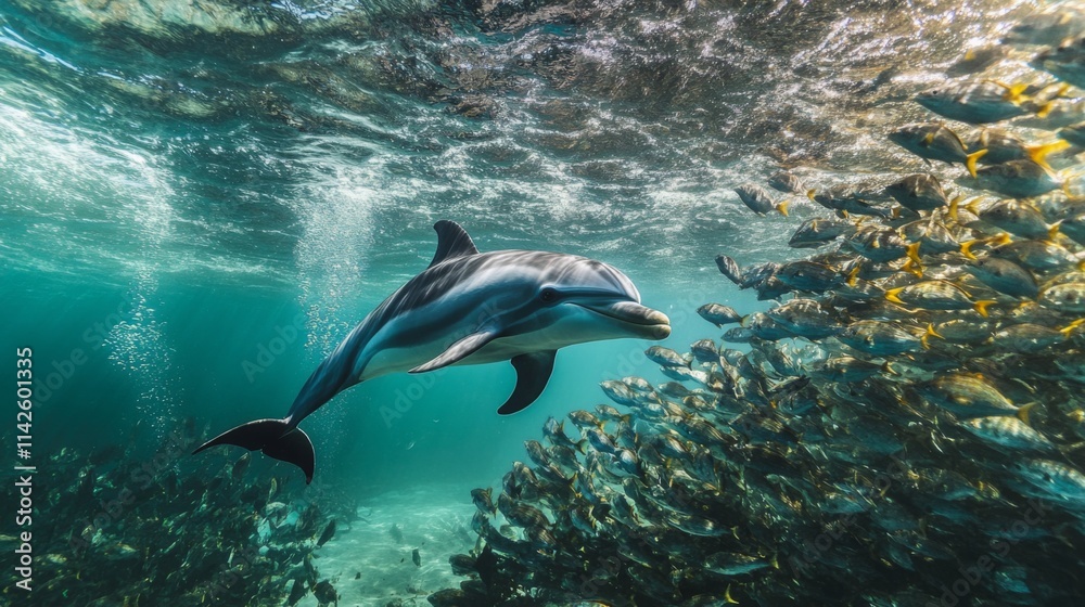 Obraz premium Dolphin Swimming Among School of Fish in Clear Ocean Waters