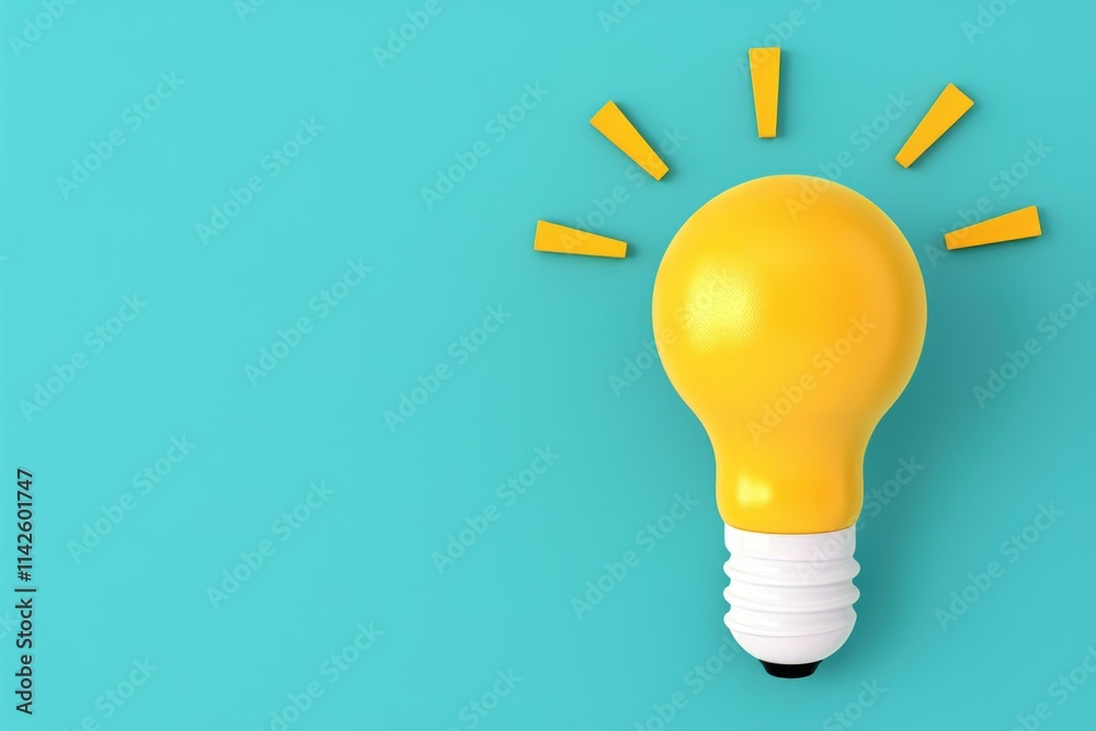 Yellow lightbulb with radiating lines on turquoise background Yellow lightbulb with radiating lines on turquoise background