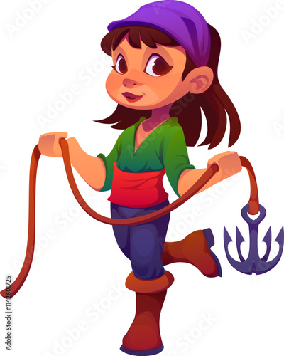 Cartoon girl pirate holding grappling hook. Vector kid corsair character in carnival party costume. Happy smiling child buccaneer personage wears bandana. Isolated baby in filibuster masquerade dress