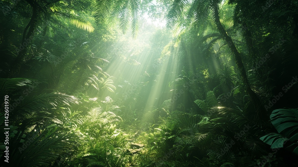 A dense Amazon rainforest, with sunlight shining through dense leaves, casting faint shadows on the ground. Surrealing cinematic lighting and vivid green tones. A dense Amazon rainforest, with sunlight shining through dense leaves, casting faint shadows on the ground. Surrealing cinematic lighting and vivid green tones.