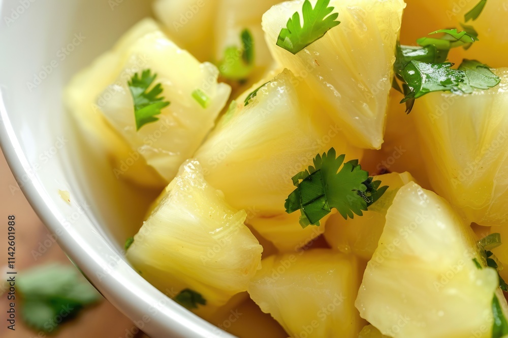 Fresh pineapple chunks with cilantro in white bowl Fresh pineapple chunks with cilantro in white bowl