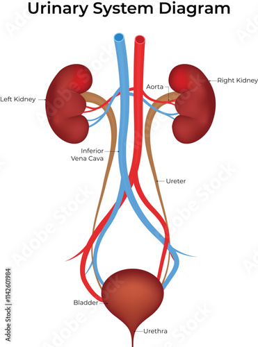 Urinary System Diagram, Kidney, Aorta, Inferior Vena Cava, Ureter, Bladder, Urethra Vector Illustration.