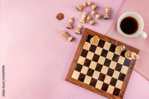 Chessboard and pieces with coffee on pink background photo