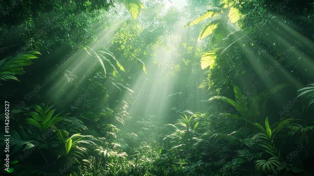 Fototapeta premium A dense Amazon rainforest, with sunlight shining through dense leaves, casting faint shadows on the ground. Surrealing cinematic lighting and vivid green tones.