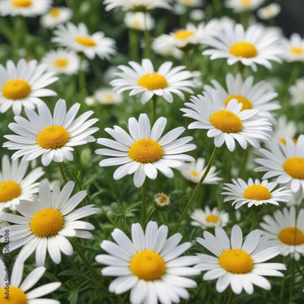 White chamomile flowers gently swaying in the breeze, harvest, bright, floral garden, sunny White chamomile flowers gently swaying in the breeze, harvest, bright, floral garden, sunny