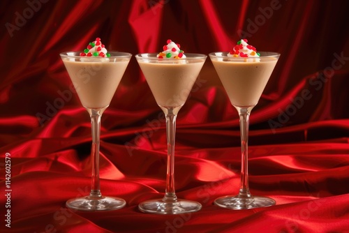 Three festive eggnog cocktails in martini glasses on red satin background