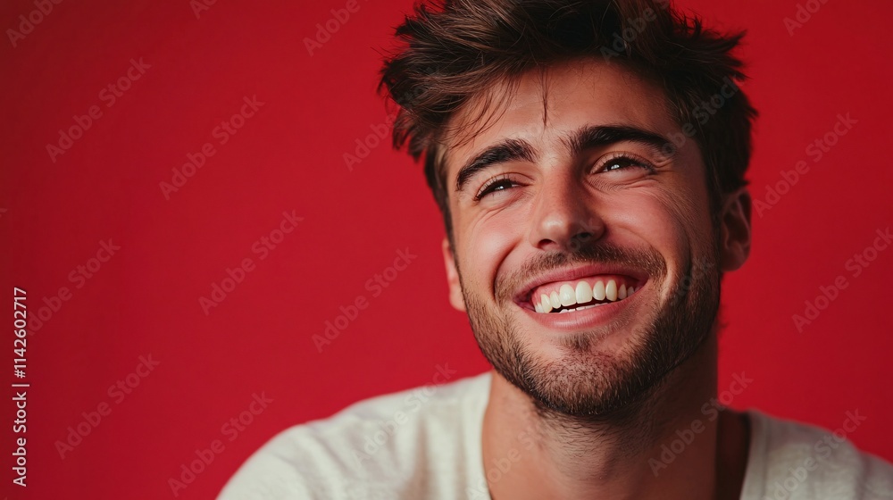 Handsome young man smiling and looking up on red background Handsome young man smiling and looking up on red background