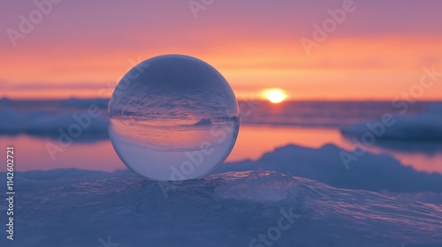 Clear crystal ball placed on ice sheet during sunset photo