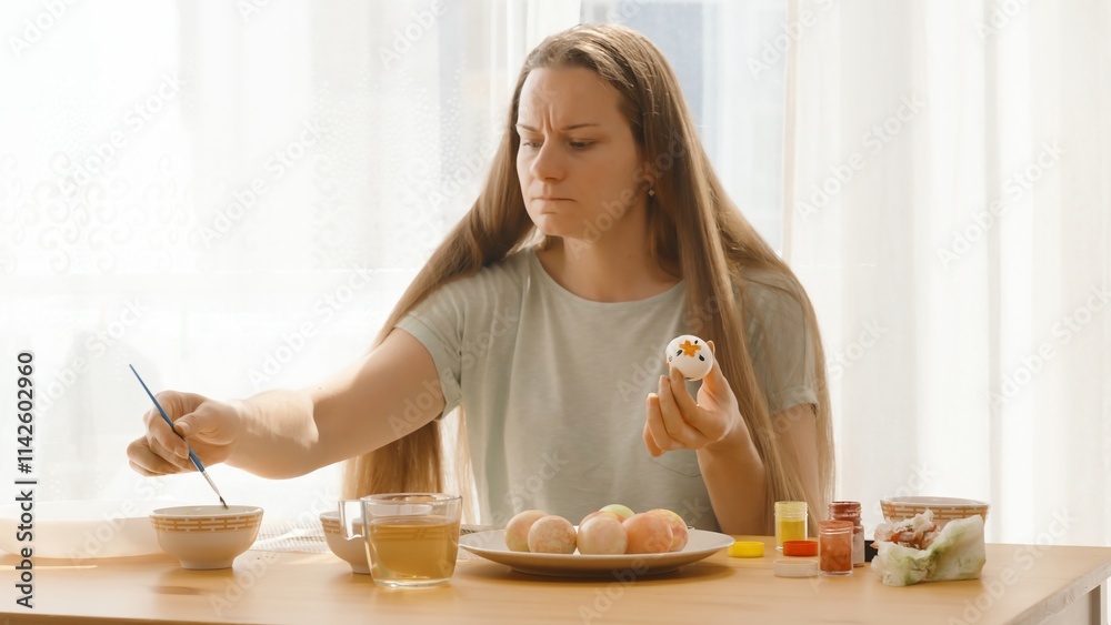 A Woman Reaches for More Paint While Holding a White Egg Decorated with Flowers. A Woman Reaches for More Paint While Holding a White Egg Decorated with Flowers.