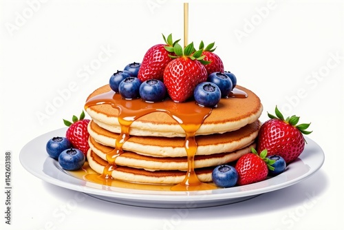 Delicious pancakes with fresh strawberries and blueberries drizzled with syrup