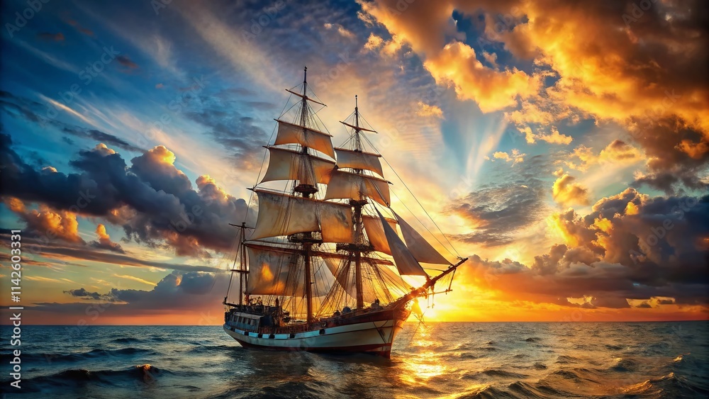 Fototapeta premium Fregatte Ship Sailing Ocean Sunset Golden Hour Rule of Thirds Photography
