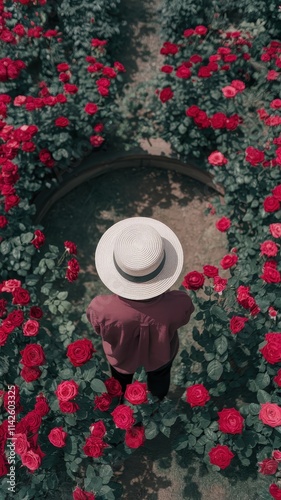 Person in wide-brimmed hat standing in a vibrant rose garden photo