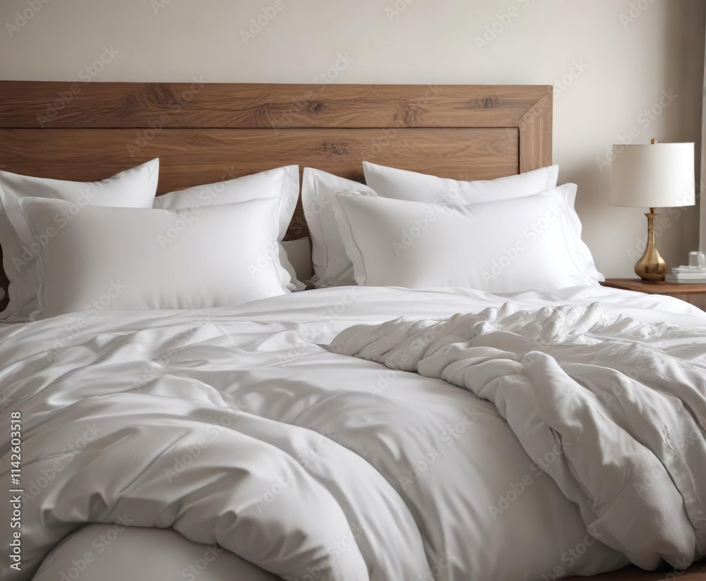 White pillows with feather-stuffed inserts and matching bed linens in a serene resort bedroom setting, cozy atmosphere, calming, serenity, tranquil, high-quality sleep White pillows with feather-stuffed inserts and matching bed linens in a serene resort bedroom setting, cozy atmosphere, calming, serenity, tranquil, high-quality sleep