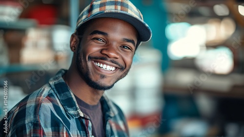 Portrait of smiling young black man wearing checkered shirt and cap in warehouse setting