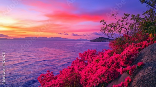 Beautiful view of the ocean from a garden with vibrant bougainvillea flowers during sunset photo