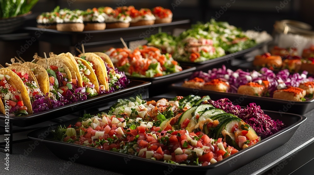 Delicious buffet spread with various appetizers, salads, and tacos. Many colorful dishes are arranged on black trays. Delicious buffet spread with various appetizers, salads, and tacos. Many colorful dishes are arranged on black trays.