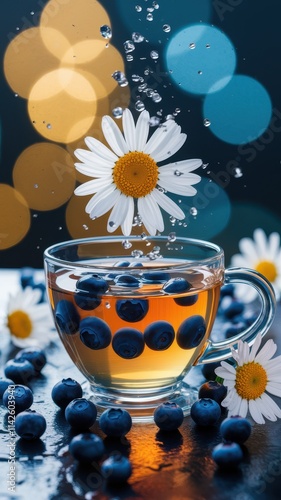 Glass cup with floating blueberries and daisies in tea or water photo