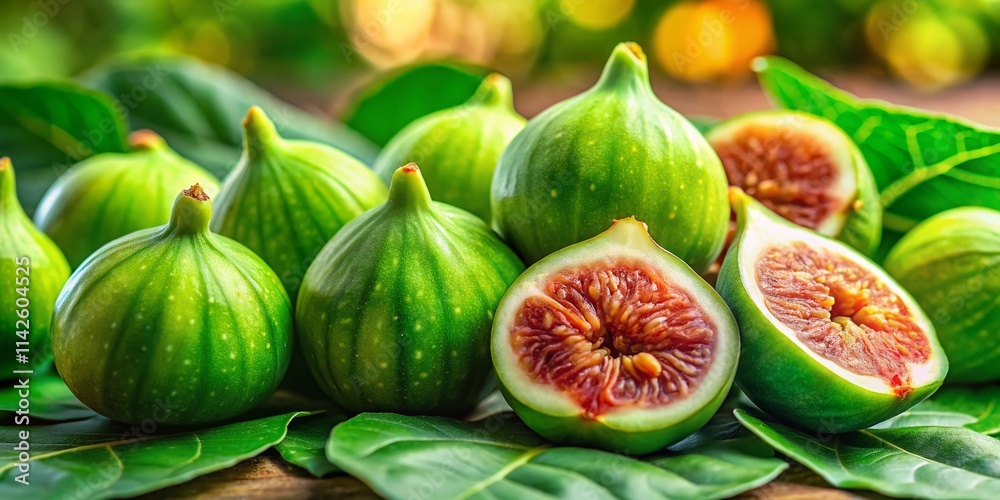 Fresh Green Figs Closeup Photography: Juicy Sliced & Whole Figs with Lush Leaves Fresh Green Figs Closeup Photography: Juicy Sliced & Whole Figs with Lush Leaves