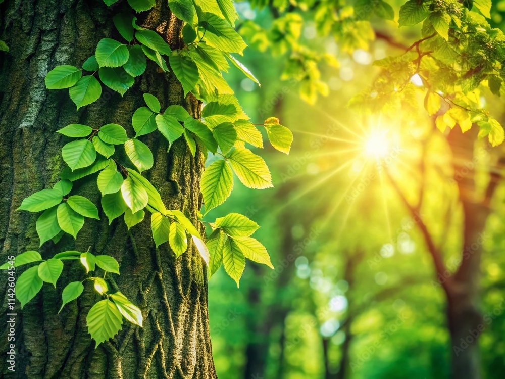 Naklejka premium Fresh Green Tree, Lush Foliage, Spring Tree, New Growth, Vibrant Leaves, Nature Photography, Outdoor Scene, Environmental Image, Botanical Image, Tree Background, Copy Space,