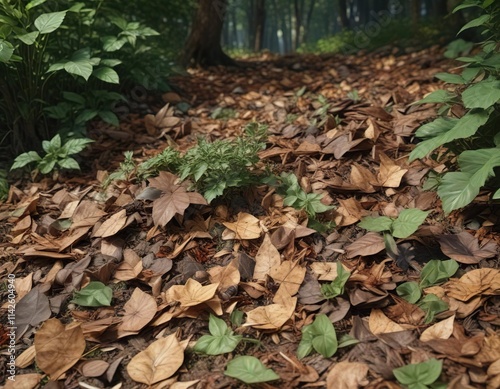 Wood chips mixed with leaves in the undergrowth, plant debris, environment