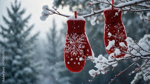 Red mittens with snowflake patterns hang from a snow-covered branch, creating a cozy winter scene. The soft, falling snow adds a magical touch to this picturesque moment. photo