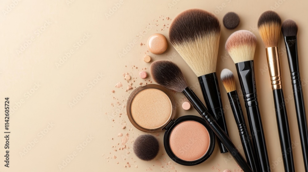 Still life of makeup brushes and compacts arranged on a tan background, showcasing essential beauty tools, cosmetics, and a minimalist aesthetic with clean lines and modern styling. Still life of makeup brushes and compacts arranged on a tan background, showcasing essential beauty tools, cosmetics, and a minimalist aesthetic with clean lines and modern styling.
