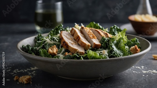 Grilled chicken breast slices atop a vibrant kale Caesar salad.  A healthy and delicious meal.